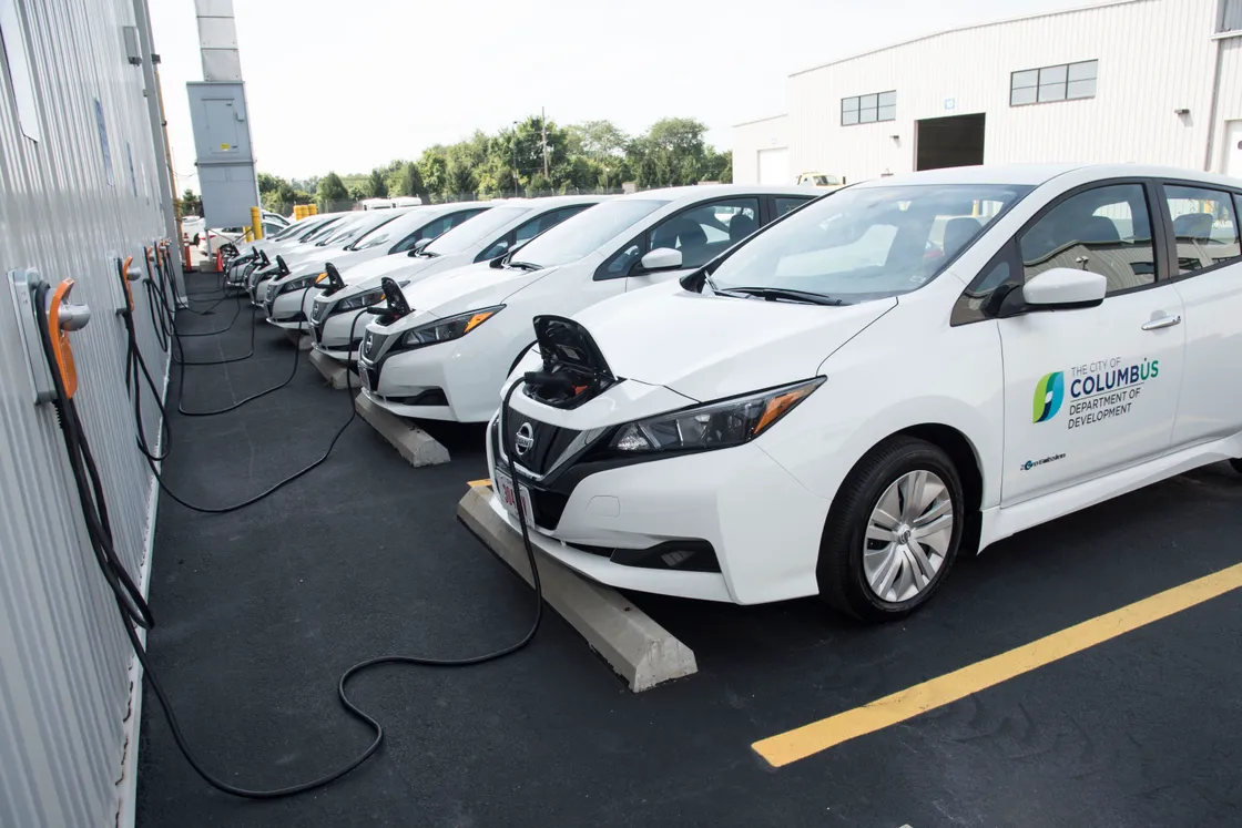 An electric fleet vehicle in service